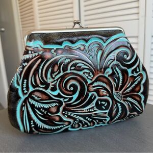 Patricia Nash Tooled Leather Kiss lock coin purse style wristlet large